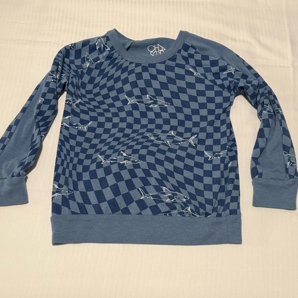 Chaser Kids Blue Warped Checkerboard Shark Print Raglan Sweatshirt Size 7